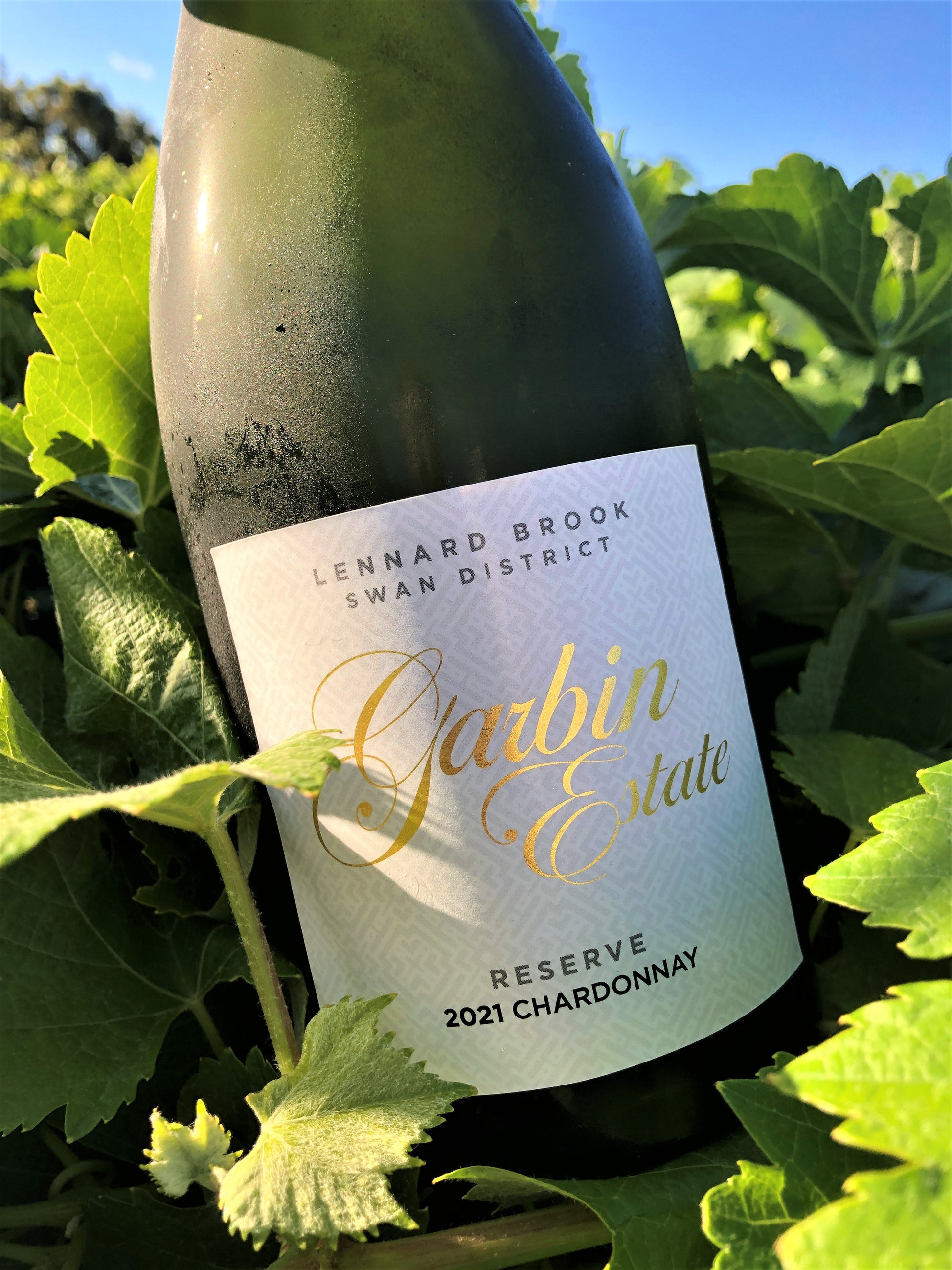 A bottle of Garbin Estate Wines Reserve Chardonnay 2021 sitting in vine leaves.